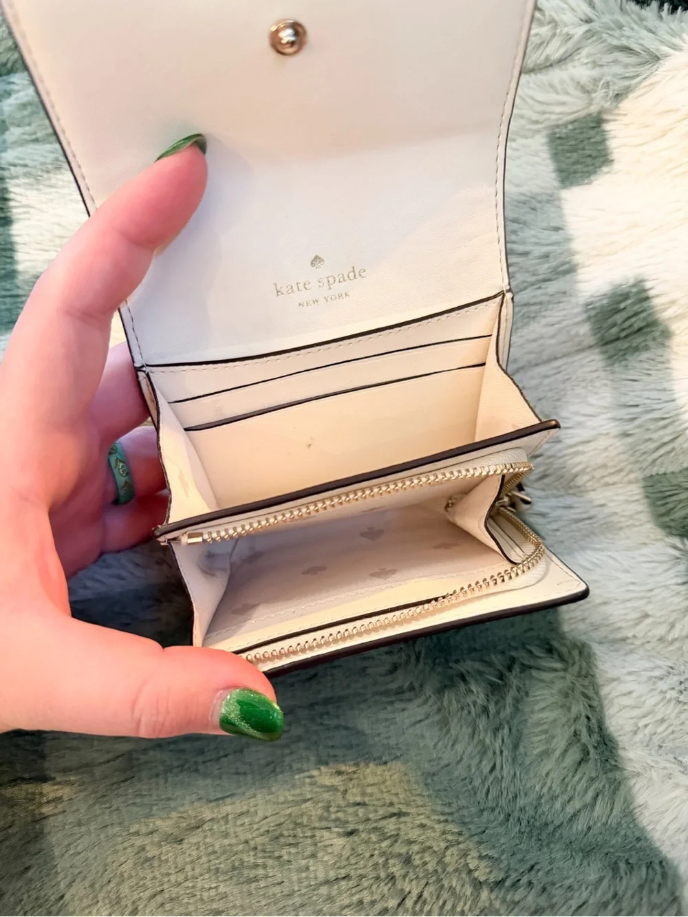Kate Spade New York Trifold Wallet | Scallop Edge Blue, Green, & Tan | Snap
